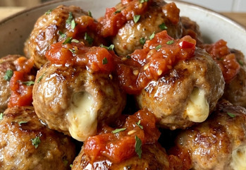 Boulettes apéro dorées à la saucisse et cream cheese, servies sur une planche en bois avec une sauce tomate épicée