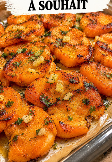 Carottes écrasées dorées et croustillantes sur une plaque de cuisson, nappées de beurre à l'ail et parsemées de persil frais