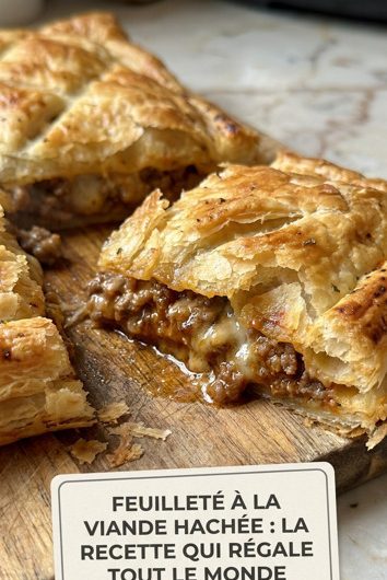 Rouleau de pâte feuilletée farci à la viande hachée, coupé en tranches dorées sur une planche en bois
