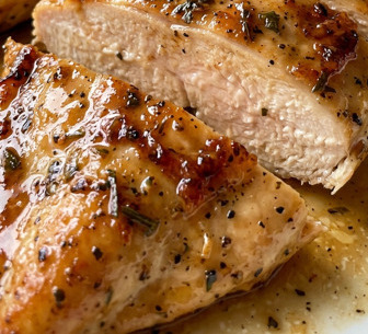 Blanc de poulet tranché sur planche en bois, juteux et doré, avec jus de cuisson visible